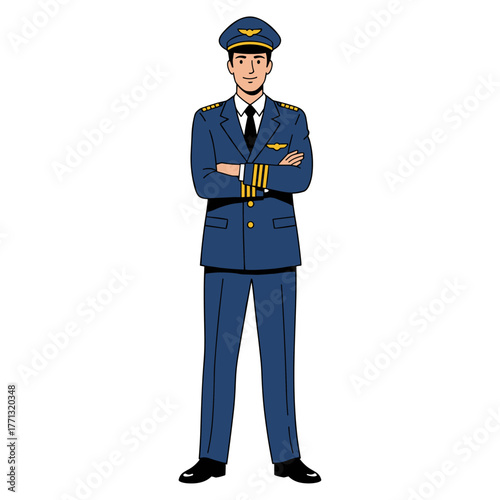 Male pilot standing with arms crossed in cartoon drawing style