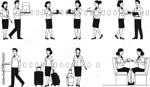 Airline staff and passenger silhouette illustrations, black and white vector art of in-flight service, travel scenes, and airport moments