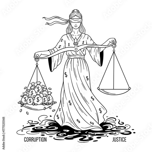 Lady Justice with corruption scales in illustrative style in black and white. Сorruption problem concept