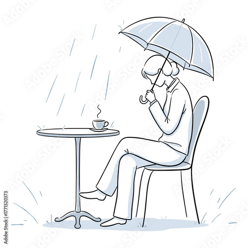 Sad woman with umbrella and coffee in rain against white background