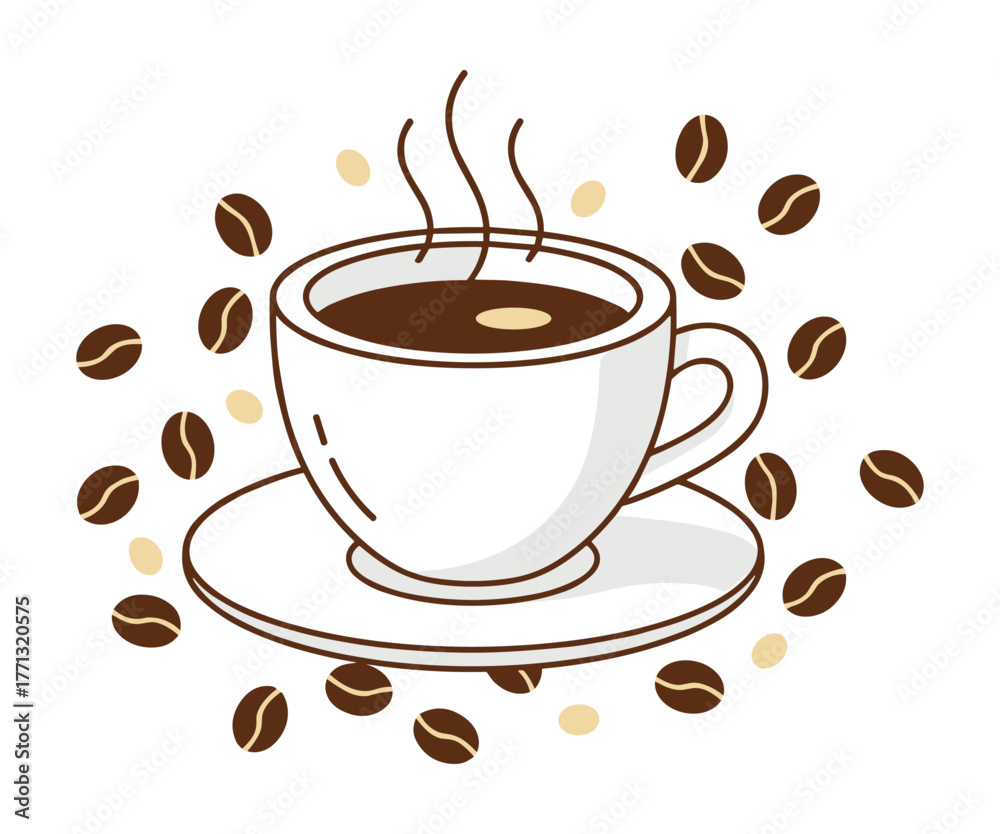 Obraz premium Coffee cup and beans in minimalist flat style