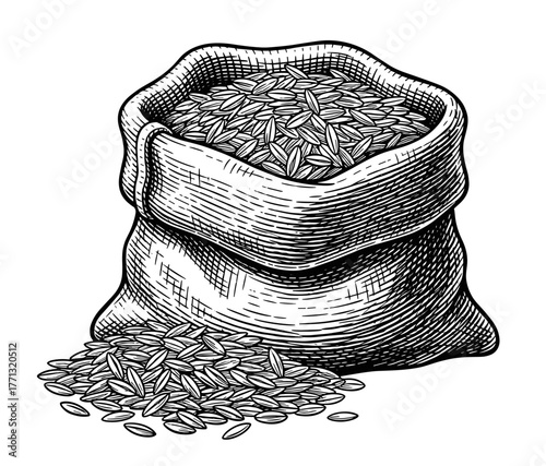Sack of rice in woodcut style in black and white