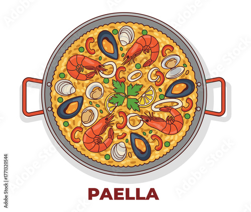 Paella illustration in flat style in vibrant colors