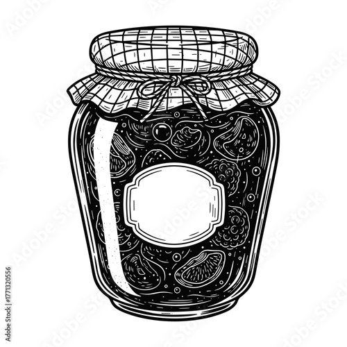 Jam jar illustration in monochrome style in black and white