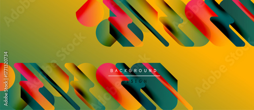 Abstract geometric shapes overlap, creating dynamic visual texture. Yellow background complements vibrant red, green, black elements. Modern design.
