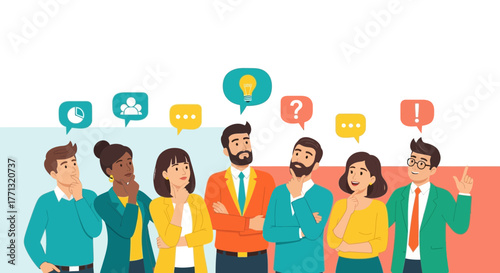 Group Of People Thinking Pondering And Brainstorming Ideas Conceptual Vector Illustration