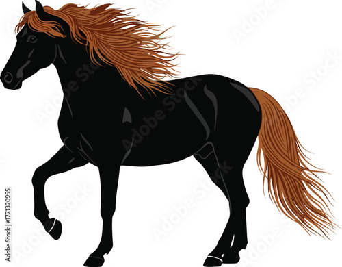 Majestic black horse with flowing auburn mane and tail captured in a dynamic pose showcasing its powerful physique and graceful movement against a clean white background