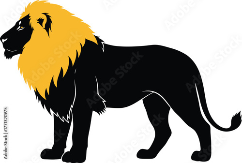 Majestic black lion silhouette with golden mane standing proudly on a white background symbolizing strength power and royalty