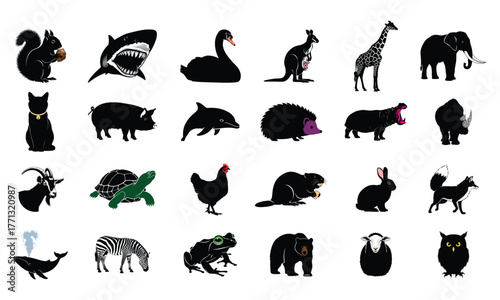 Collection of diverse animal silhouettes including mammals birds and reptiles in a clean modern graphic design silhouette