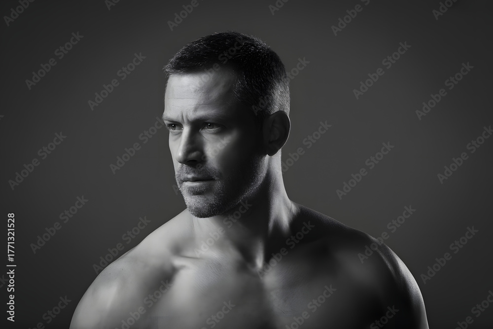 Fototapeta premium Focused Intensity: A portrait of a man with a determined gaze, embodying strength and resolve in a moment of introspection.