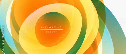 Abstract colorful layers create dynamic circular pattern. Bright orange, yellow, green hues blend seamlessly. Modern design element.