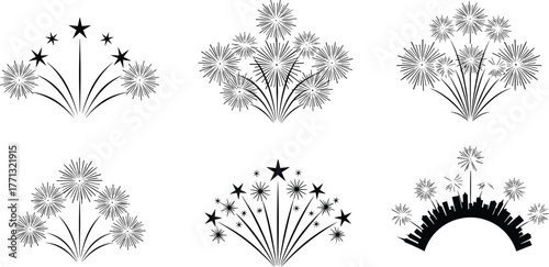 Fireworks silhouette, celebration design, vector illustration, festive burst, black and white, city skyline, CAD drawing, flat style, graphic art, holiday theme