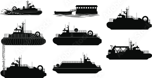 Hovercraft silhouettes, dock structure, marine transport, black and white design, watercraft variety, propulsion systems, nautical graphic, rescue and military use