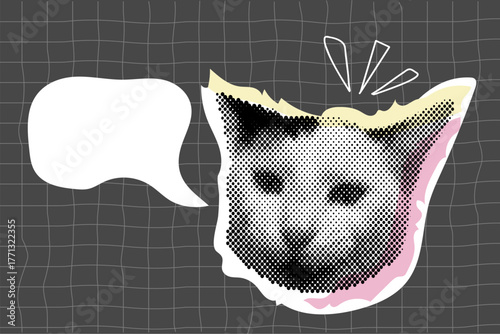 Cat halftone collage sticker set, trendy retro y2k pet, funky emoticon animal, pop aesthetic. Meme head with speech bubble. Funny kitty.