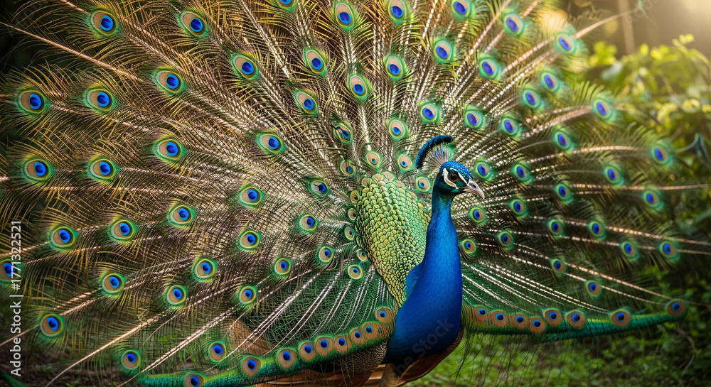 Fototapeta premium Beautiful peacock displaying vibrant feathers in natural sunlight