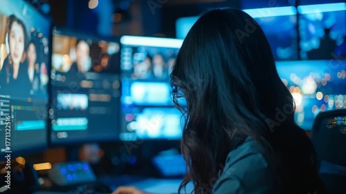 モニターの前で働く女性、オフィス