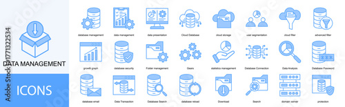 data management icon collection set. Containing database management, data presentation, Cloud Database, cloud storage, user segmentation icon. Simple line vector