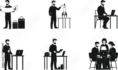 Professional silhouette scenes, technical activities, blueprint and rocket model, teamwork and research, black and white design, workspace illustration, project development