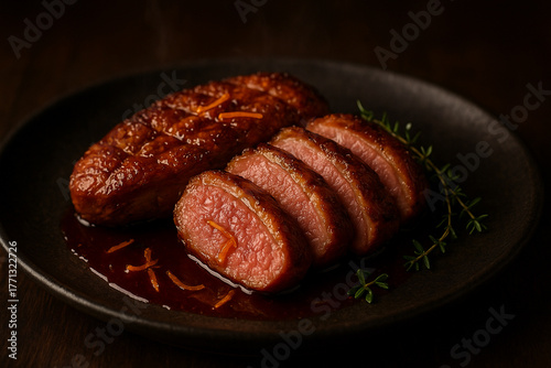 Sliced roast duck breast with crispy skin served in orange glaze sauce, gourmet food photography, dark background