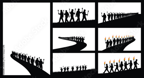 Silhouetted figures marching with torches, unity in motion, revolution concept, black and white comic art, collective protest 