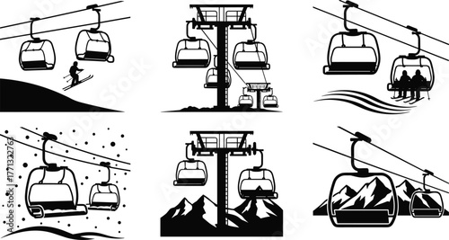 Ski lift gondola illustrations, black and white mountain vector art, winter sports scenes, alpine cable cars, snowy resort transportation