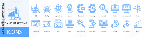 seo and marketing icon collection set. Containing SEO, Seo Tag, target audience, Social Media, marketing icon.