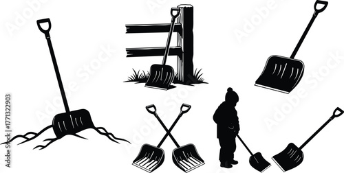 Snow shovel silhouette illustrations, black and white winter vector art, outdoor tools and human interaction, seasonal cold