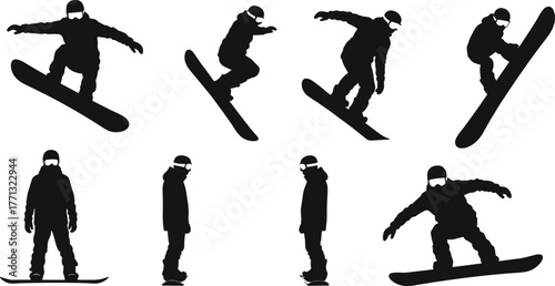 Snowboarder silhouettes, winter sport poses, helmet safety, black and white design, action stances, dynamic movement, snowboarding art, graphic illustration