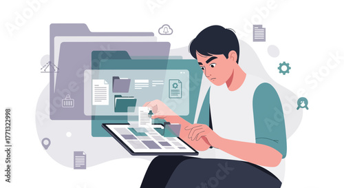 Digital Workspace: A Person Interacting With Data and Files Using Modern Technologies