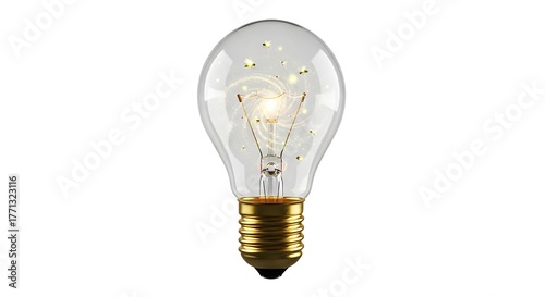 Clear Glass Incandescent Light Bulb with Brass Base on White Background.
