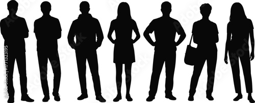 Standing human silhouettes, black and white vector art of diverse people, casual postures and clothing styles for design use