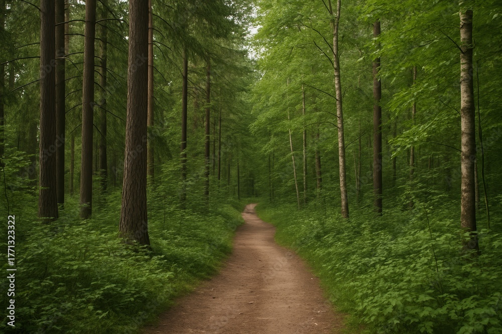 Fototapeta premium Serene forest path winding through lush green woods under a dense tree canopy in daylight, peaceful nature landscape concept, Ai generative. Ai generative