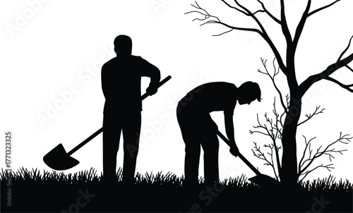 Two men working with shovels in garden field, digging soil near tree, teamwork in agriculture landscape, nature labor concept, CAD drawing flat vector illustration