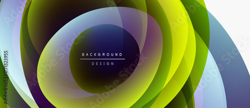 Abstract colorful layers create dynamic circular design. Gradient hues blend, forming modern background element. Smooth curves suggest movement.