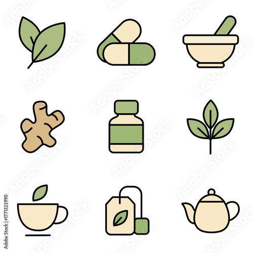 Herbal Wellness Icon Set – Ginger, Leaf, Capsule, Tea, and Natural Medicine Vector Illustration