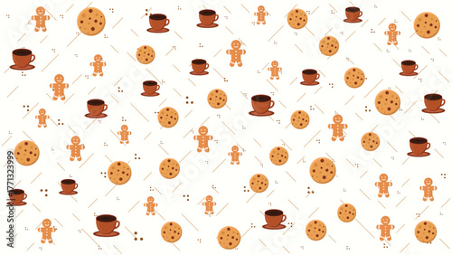 Flat Cute Gingerbread Cookies and Hot Cocoa Cup Seamless Pattern with Warm Brown Palette and Diagonal Decorative Lines on Cream Background for Cozy Christmas Food Packaging and Winter Wallpaper
