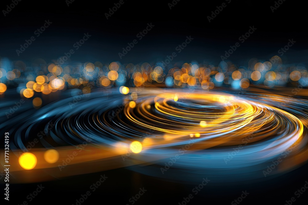 Obraz premium Abstract image of swirling light trails and bokeh lights on a dark background