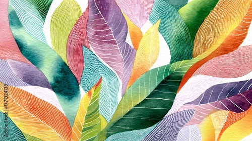 Lush colorful tropical foliage with abstract vibrant patterns and shapes creating a captivating botanical backdrop