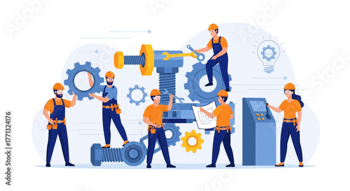 Engineers Collaborating on Machinery: Industrial Production, Innovation and Teamwork