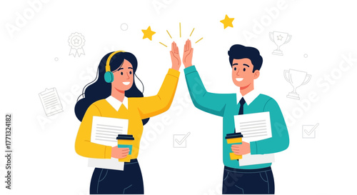 Enthusiastic Team Partners Celebrating Success With High Five Illustration