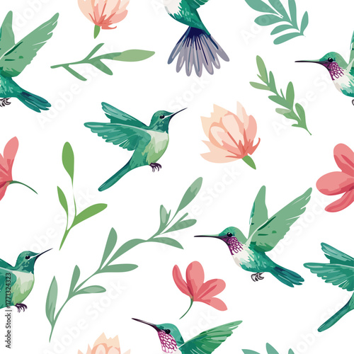 Seamless pattern of colorful hummingbirds and blooming flowers in soft tones. Ideal for nature-themed designs, textile prints, wallpapers, stationery, packaging, or spring-inspired visuals.