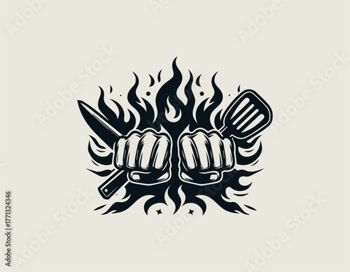 Strong hands holding kitchen knife and spatula with flame background in black and white vector logo design illustration