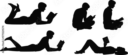 Silhouette of people reading books in different relaxed poses, education and learning concept, peaceful study time, black and white flat vector illustration