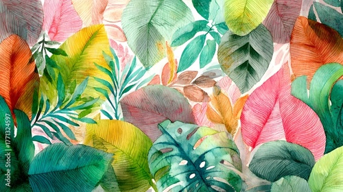 Lush diverse tropical foliage with a variety of colorful overlapping leaves in shades of green yellow orange and red