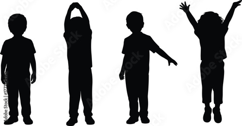 Silhouette of standing and jumping children, playful kids in various poses, happy childhood moments, freedom and joy, black and white flat vector illustration