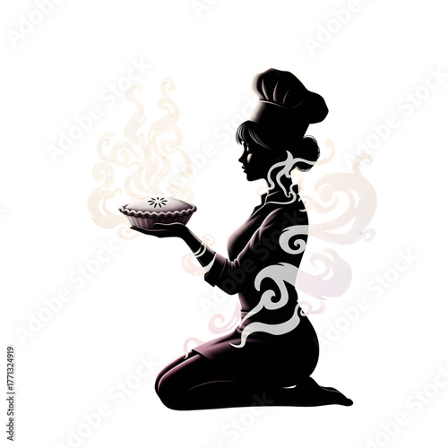 Silhouette of a female chef kneeling and presenting a freshly baked pie with steam rising artistically