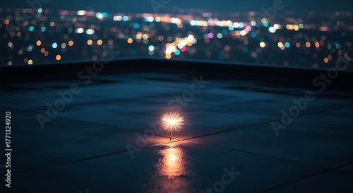 Night City Lights Reflected on Water Surface with Bokeh Effect.