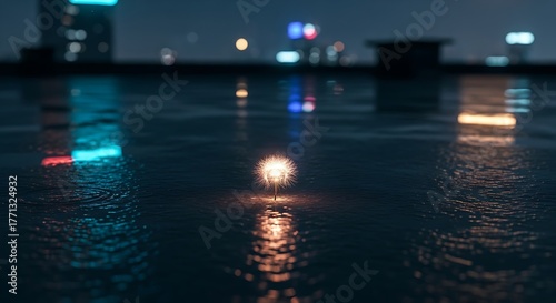 Vibrant City Lights Reflecting on Wet Pavement at Night.