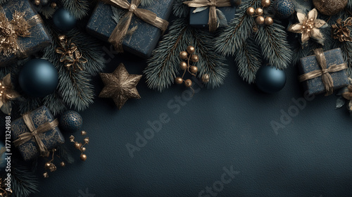 Christmas background with christmas gifts and fir branches
