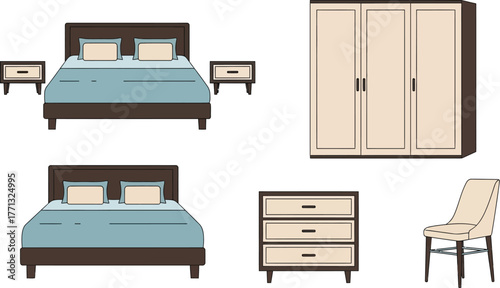 Bedroom furniture set illustration with bed wardrobe and dresser